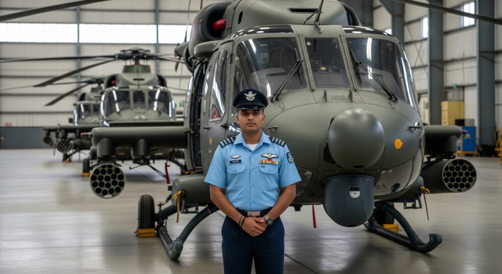 Create image of a Pilot of Indian Airforce with Helicopters